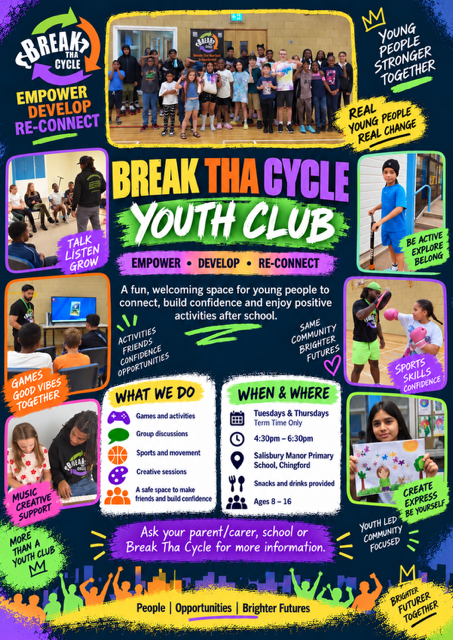 Colorful “Break the Cycle Youth Club” poster with photos, program goals, and event details