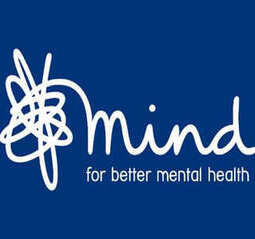 A logo for mind for better mental health on a blue background.