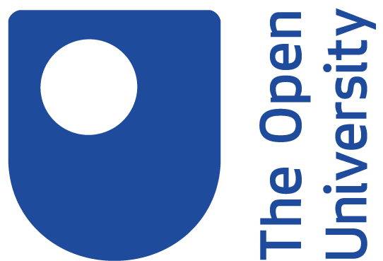A blue and white logo for the open university