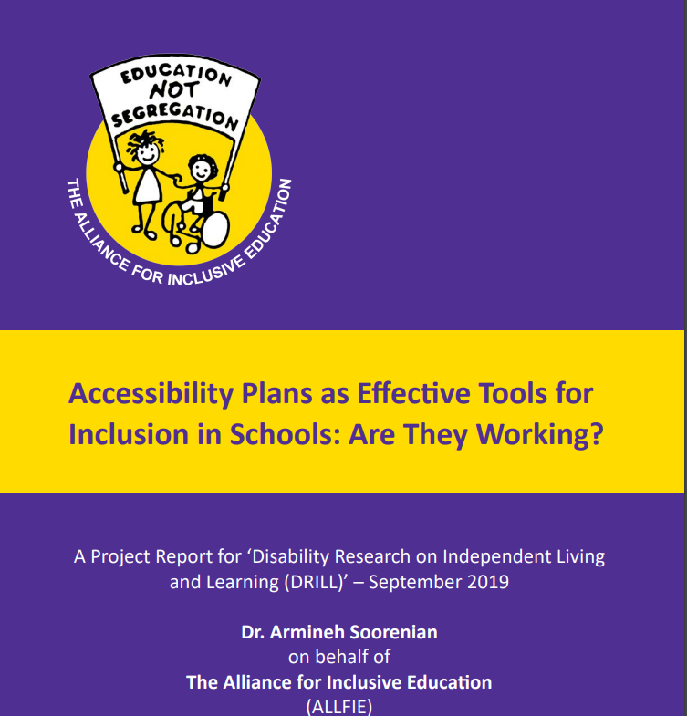 A purple and yellow poster that says accessibility plans as effective tools for inclusion in schools are they working ?