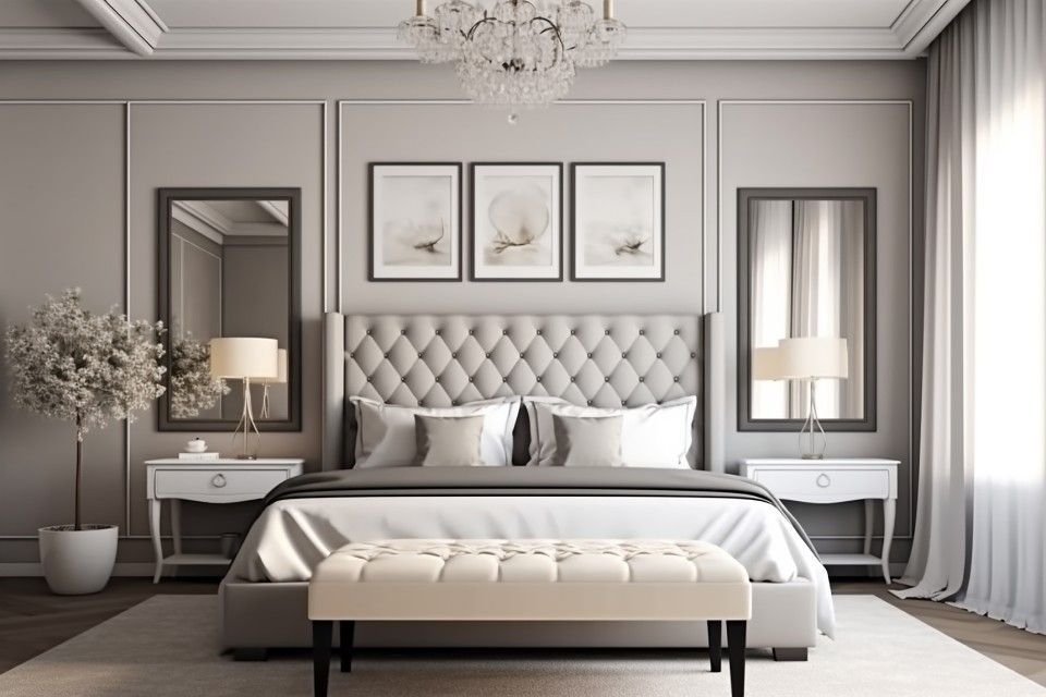 A symmetrical, elegant bedroom featuring a tufted gray headboard, matching nightstands with lamps, mirrors, and a bench.