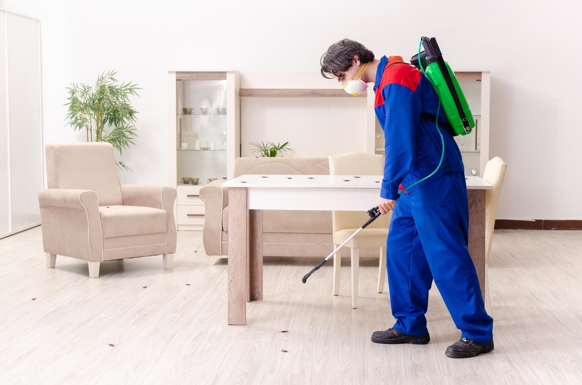 Person in blue coveralls sprays a white table in a bright living room.