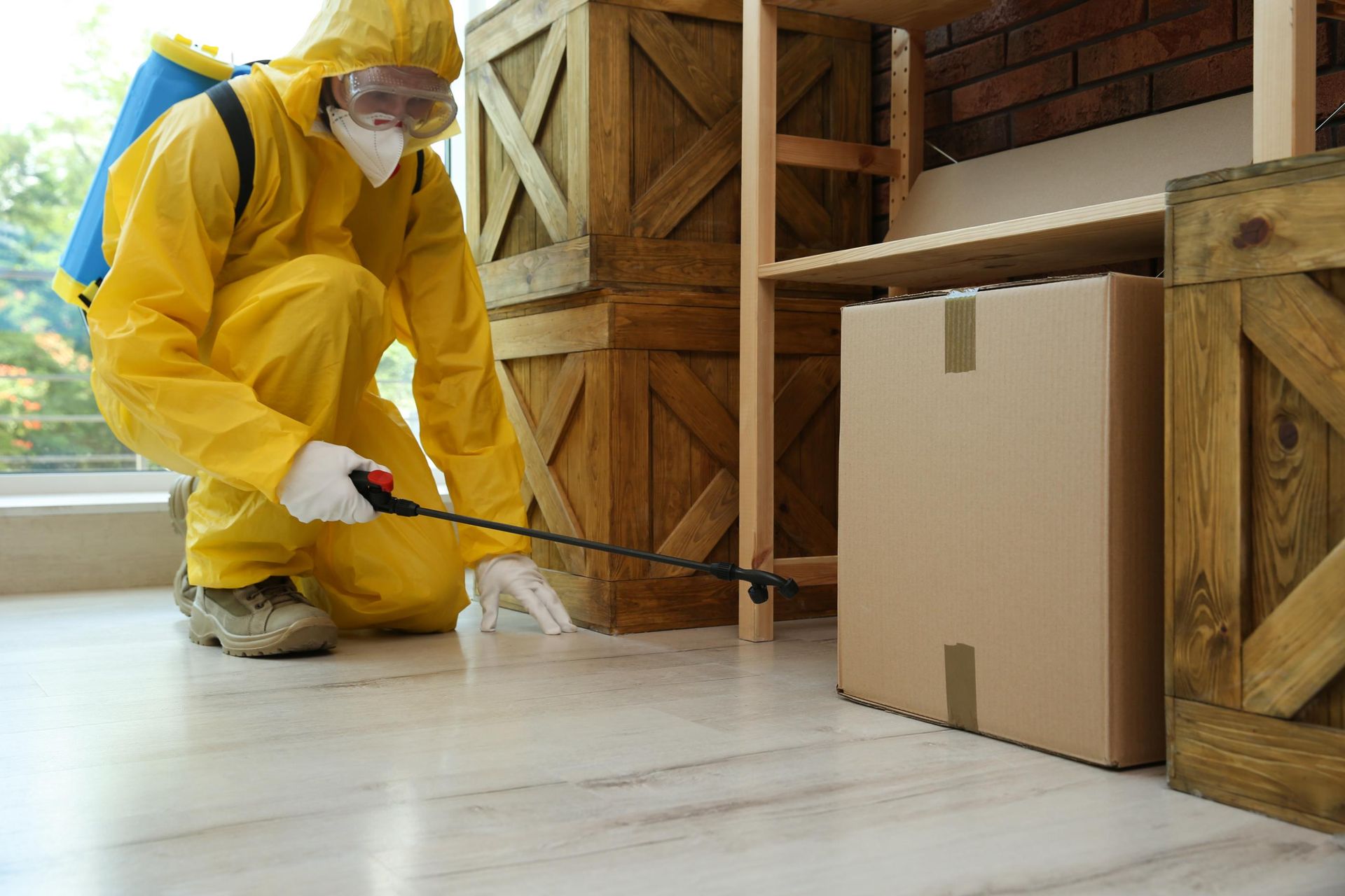 Person in yellow protective suit spraying baseboards beside stacked boxes in a wooden room