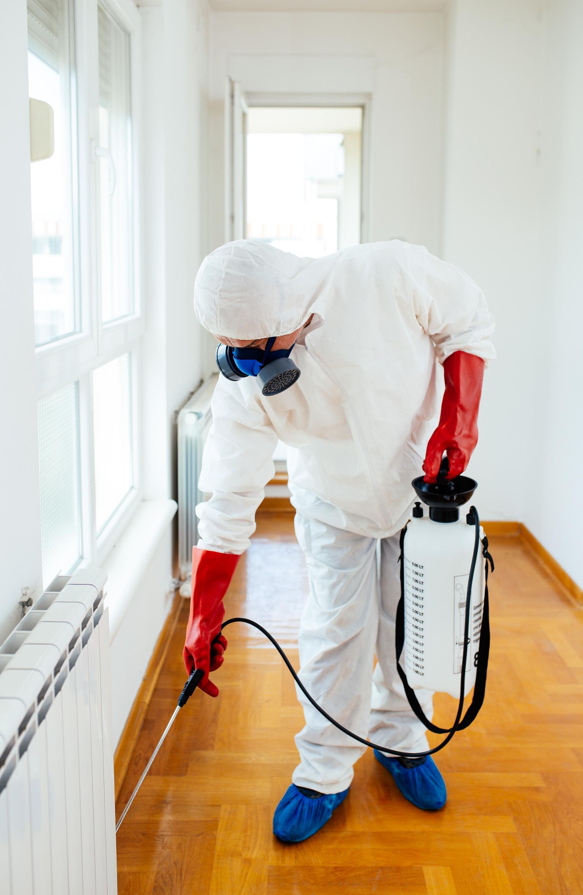 Person in protective suit spraying a room with disinfectant using a backpack sprayer