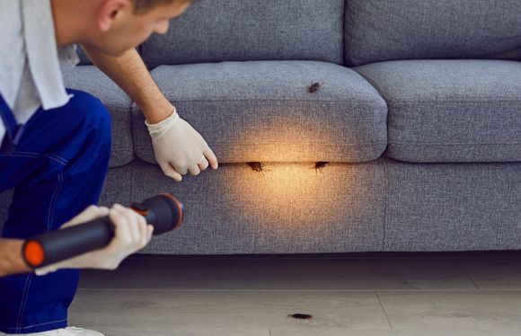 Technician inspecting a gray sofa with a flashlight and gloved hand