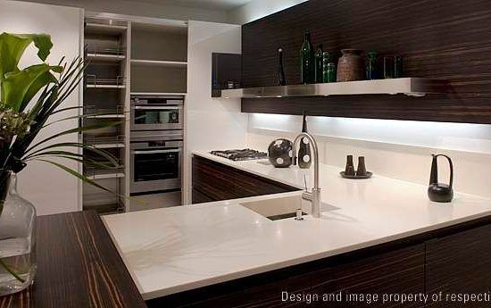 Modern kitchen with white island, dark cabinets, open shelving, and stainless steel appliances