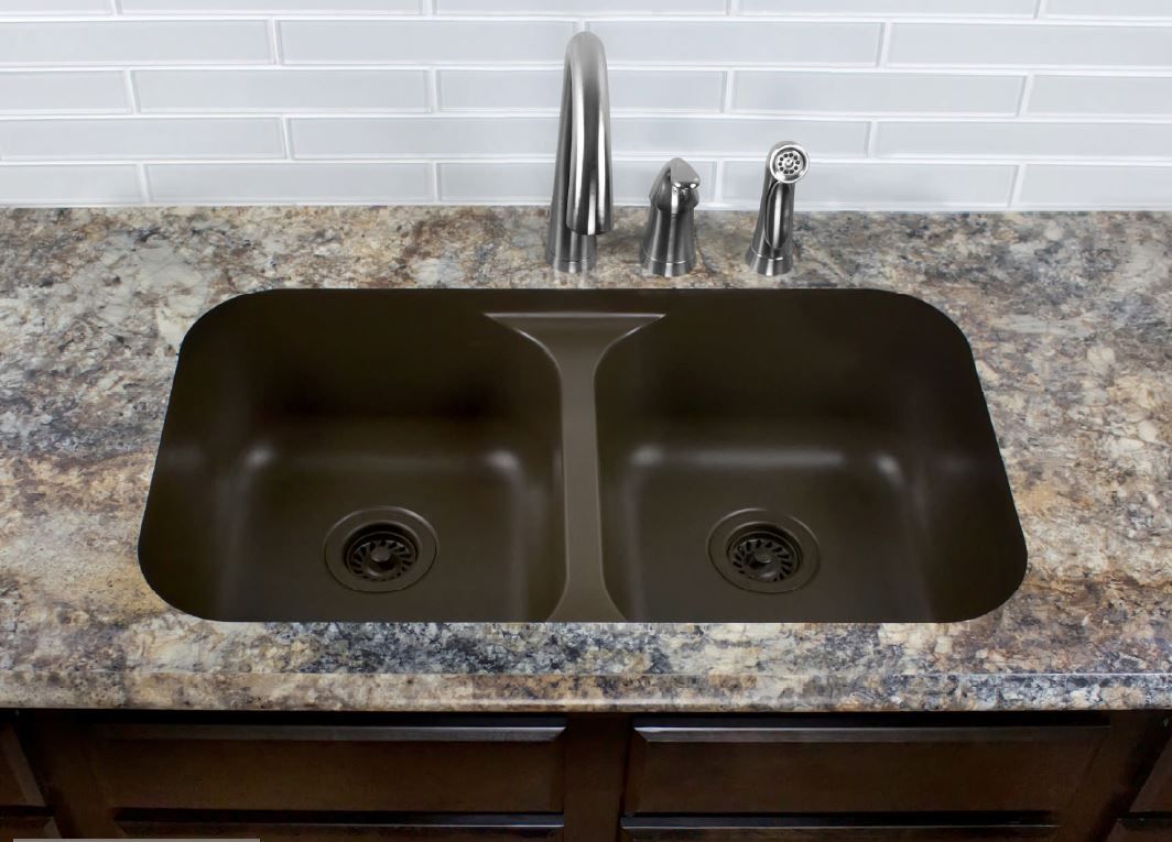 Double-basin kitchen sink with chrome faucet and granite countertop