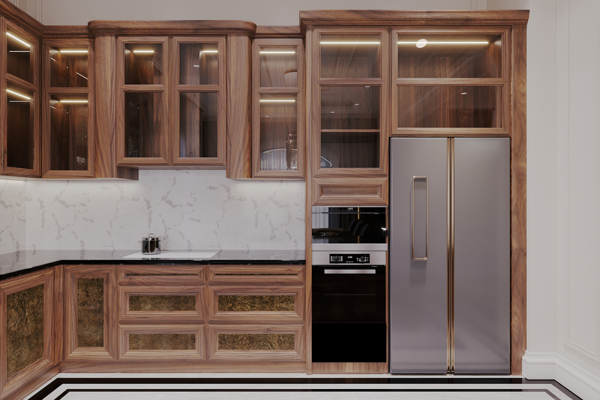 Kitchen island with dark granite countertop and black cabinet base in an unfinished room