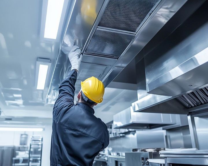 Technician in yellow hard hat inspecting ventilation ducts in a stainless-steel commercial kitchen
