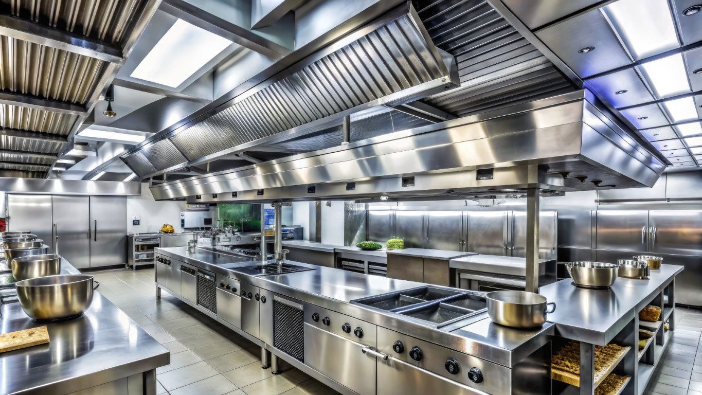Modern stainless steel commercial kitchen with multiple stovetops, ovens, and vents under bright lights