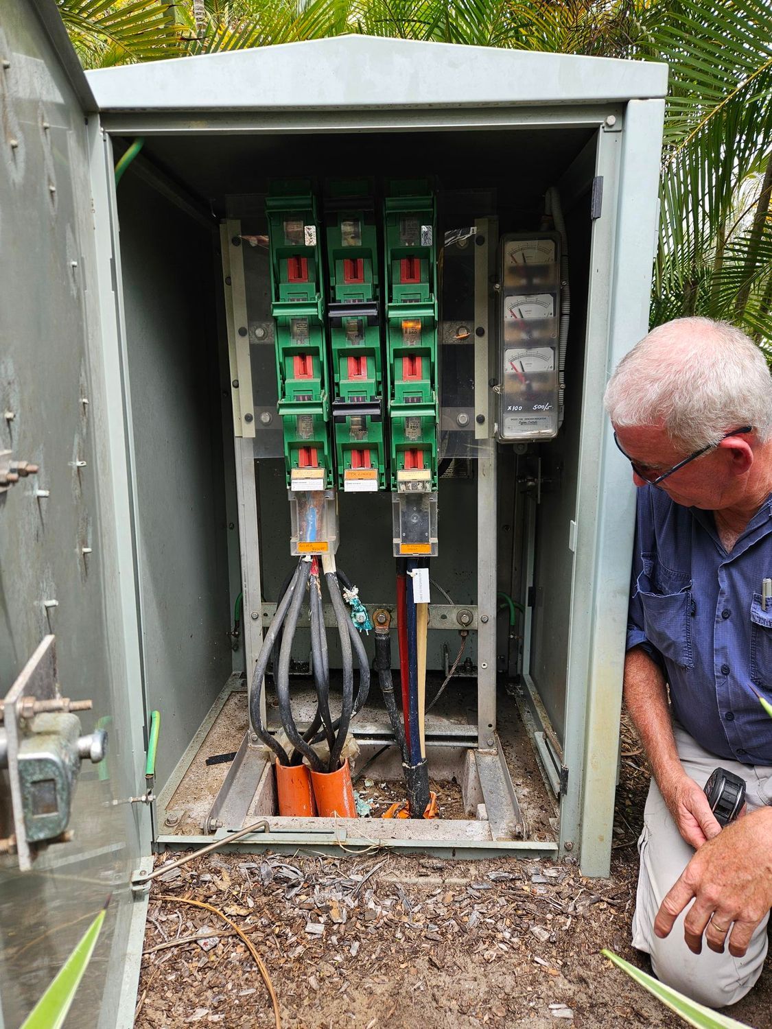 Man inspecting open electrical cabinet with green and gray components — Watkins Electrical In Pialba, QLD