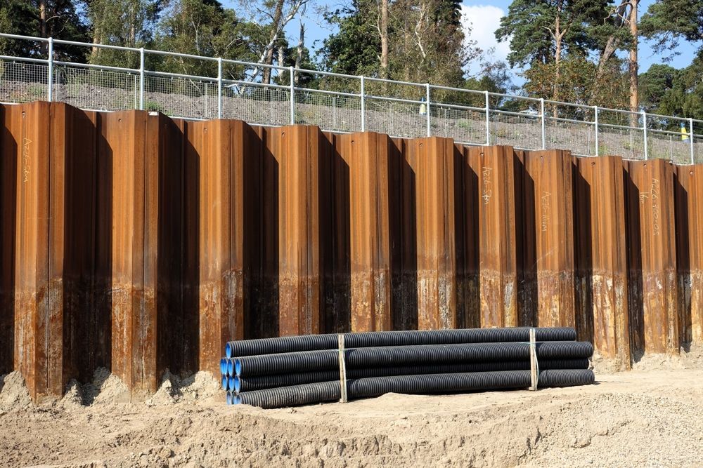 Rust-colored steel retaining wall with stacked black pipes on a dirt construction site