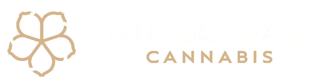 Gold cannabis leaf logo with the word  Kingsway  CANNABIS” on a white background