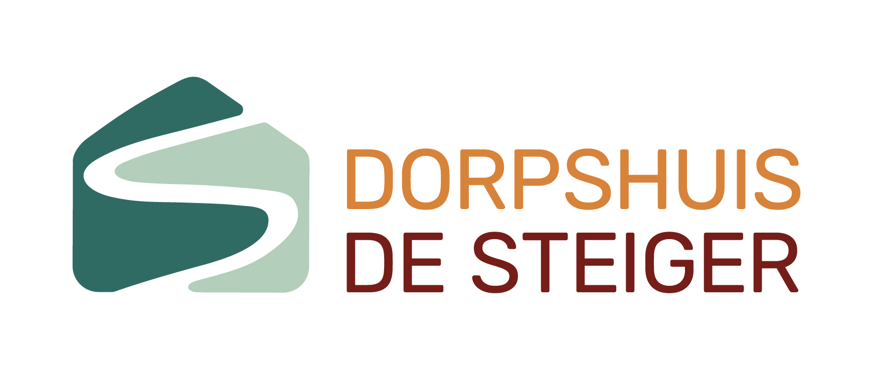 Logo voor Dorpshuis De Steiger met een groen abstract icoon en bruine tekst op een witte achtergrond.
