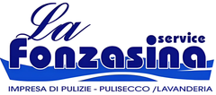 Logo per La Fonzasina, servizio di pulizia e lavanderia in blu e bianco.