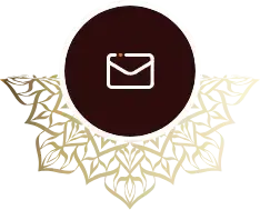 Email icon inside a dark maroon circle above a gold geometric floral pattern