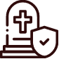 Headstone with cross and shield checkmark icon, suggesting grave protection or memorial security