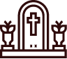 Maroon church icon with cross on a tombstone, flanked by two flower vases