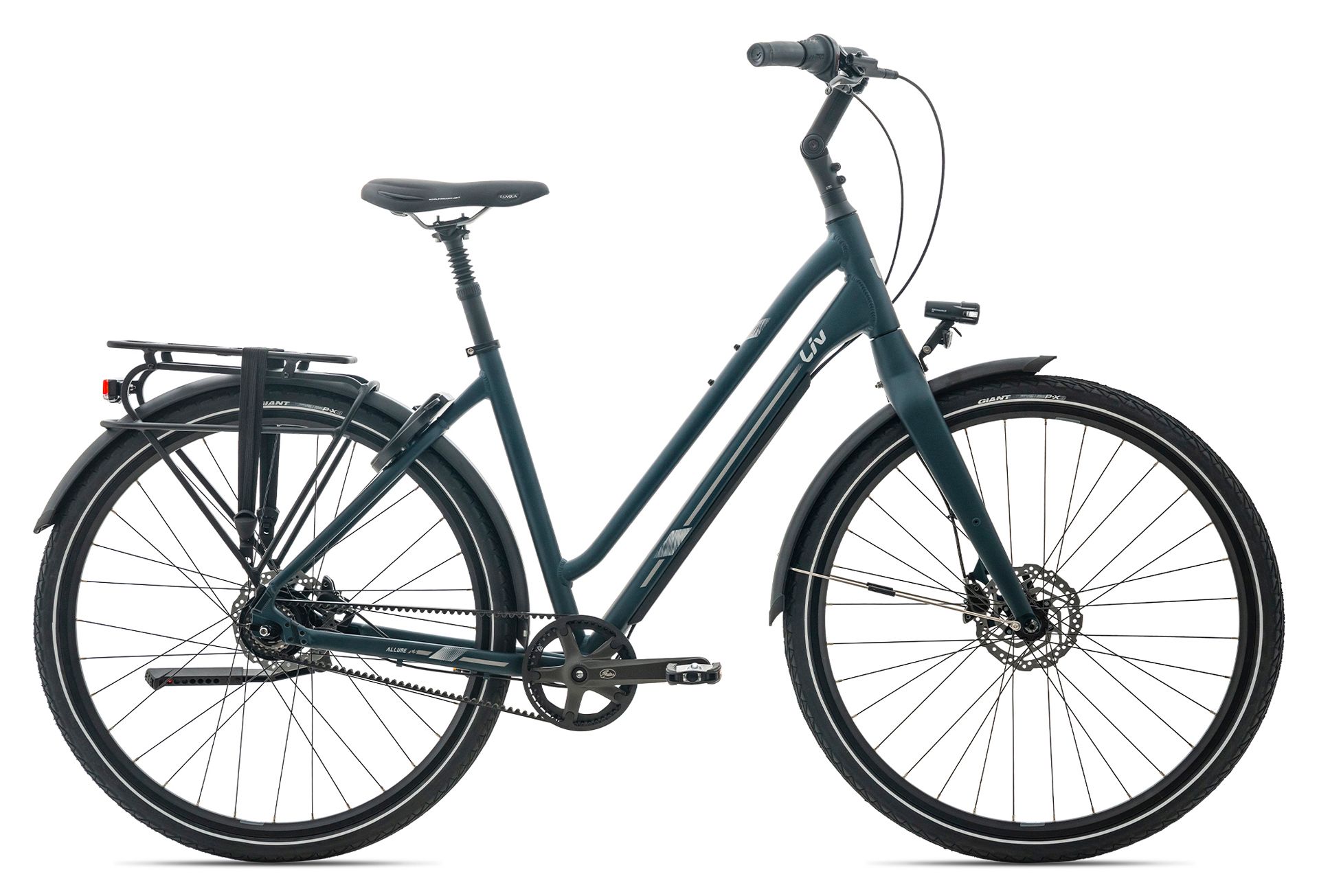 Op een witte achtergrond is een blauwe fiets van Giant afgebeeld.