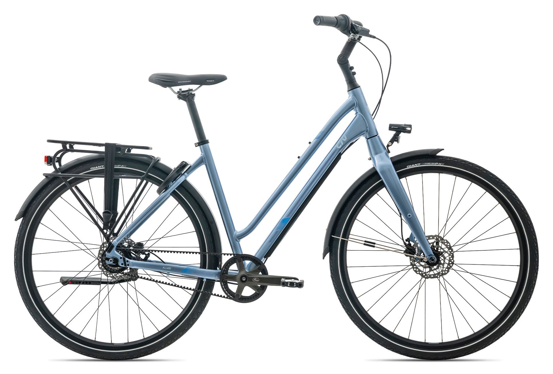 Een grijze fiets van Giant zit op een witte achtergrond.