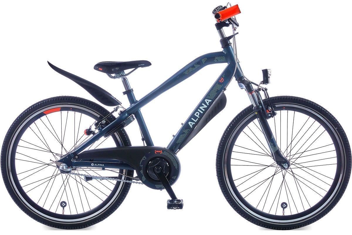 Een zwarte en rode fiets van Alpine zit op een witte achtergrond.