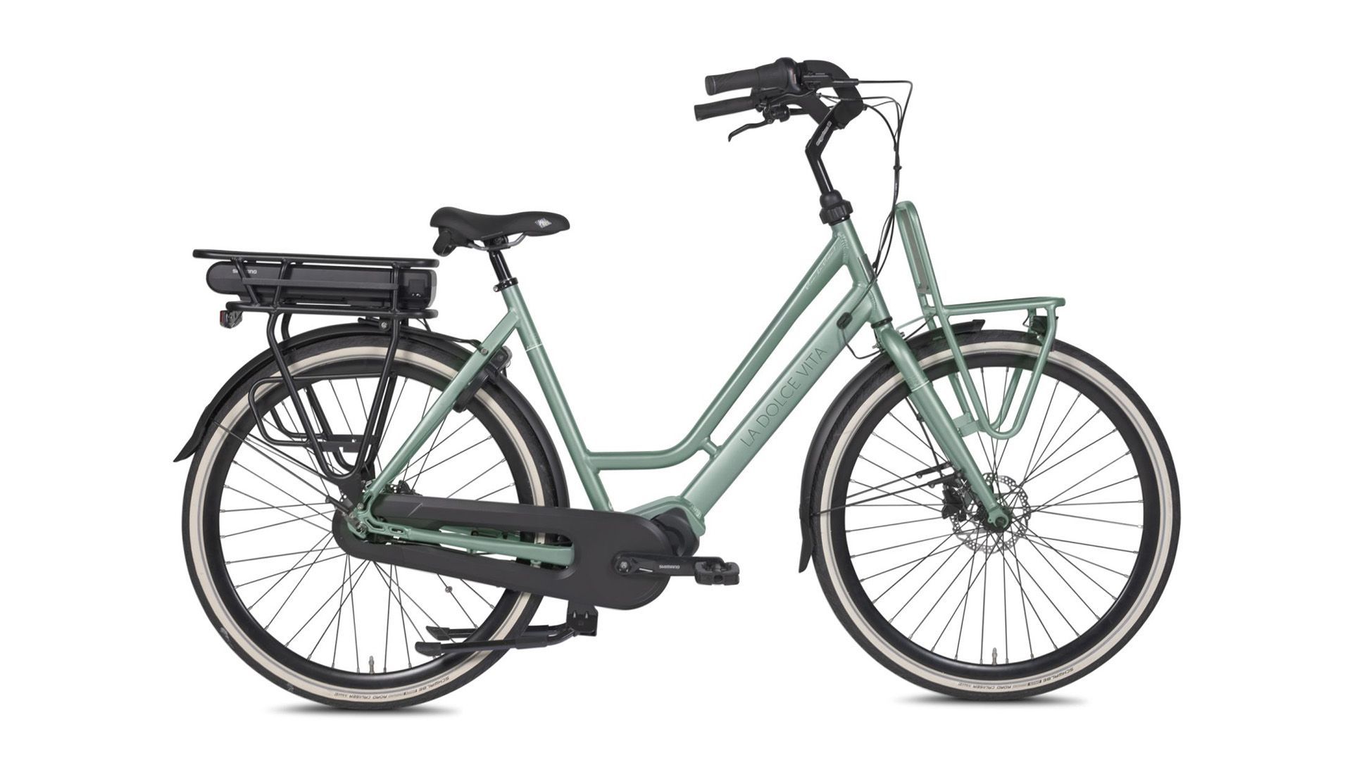 Een groene elektrische fiets van BSP met een motor op de achterkant staat op een witte achtergrond.