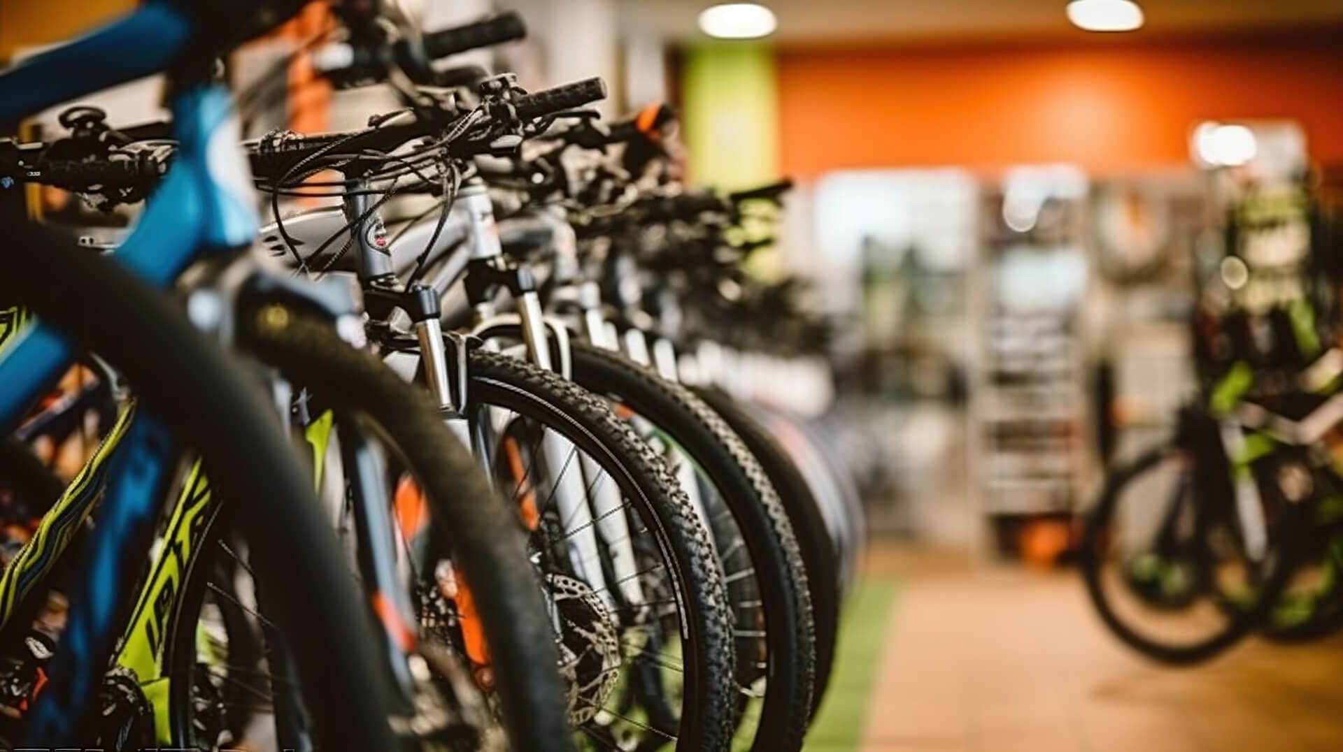 In een winkel staat een rij fietsen opgesteld.