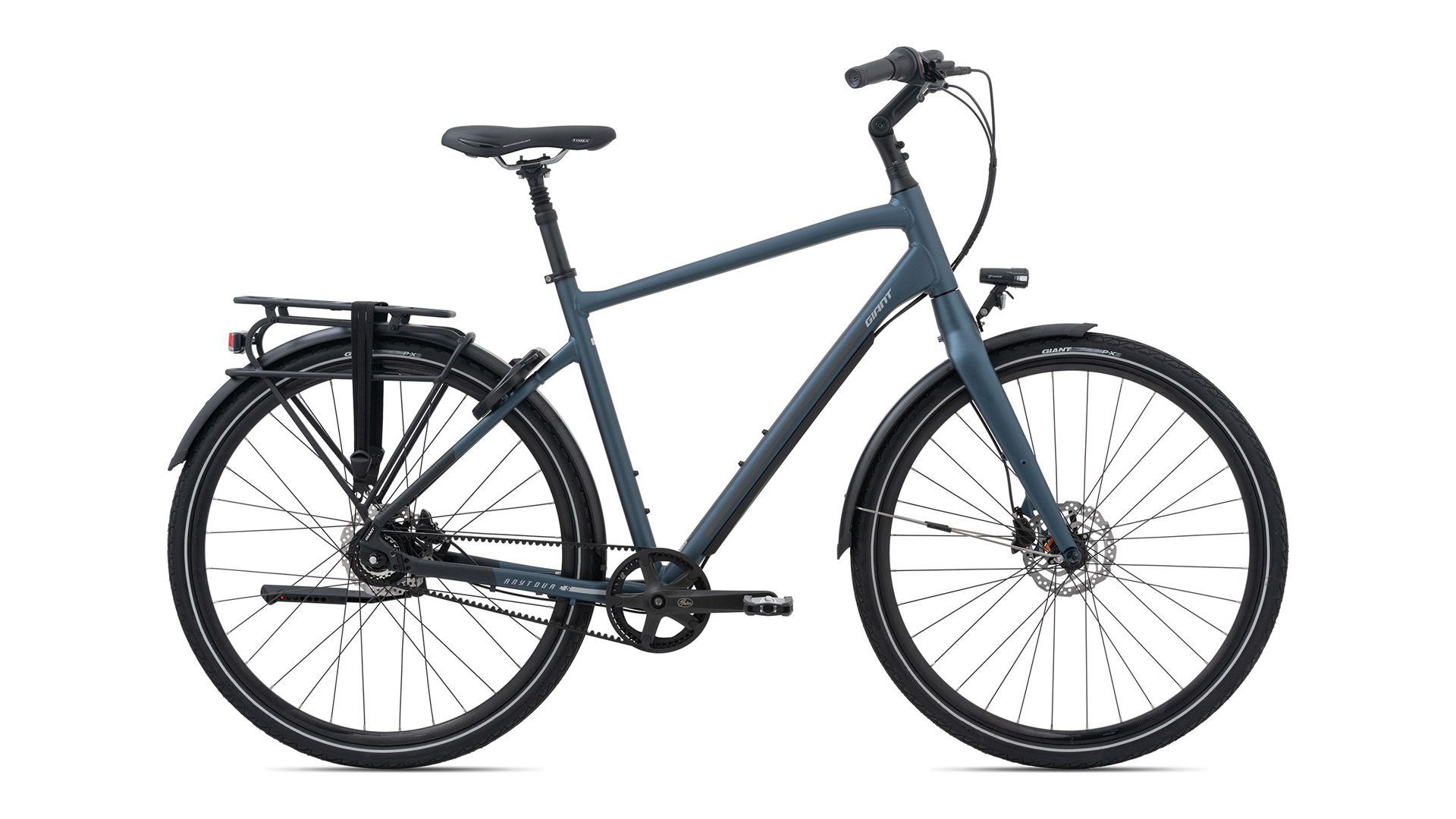 Een blauwe fiets van Giant zit op een witte achtergrond.