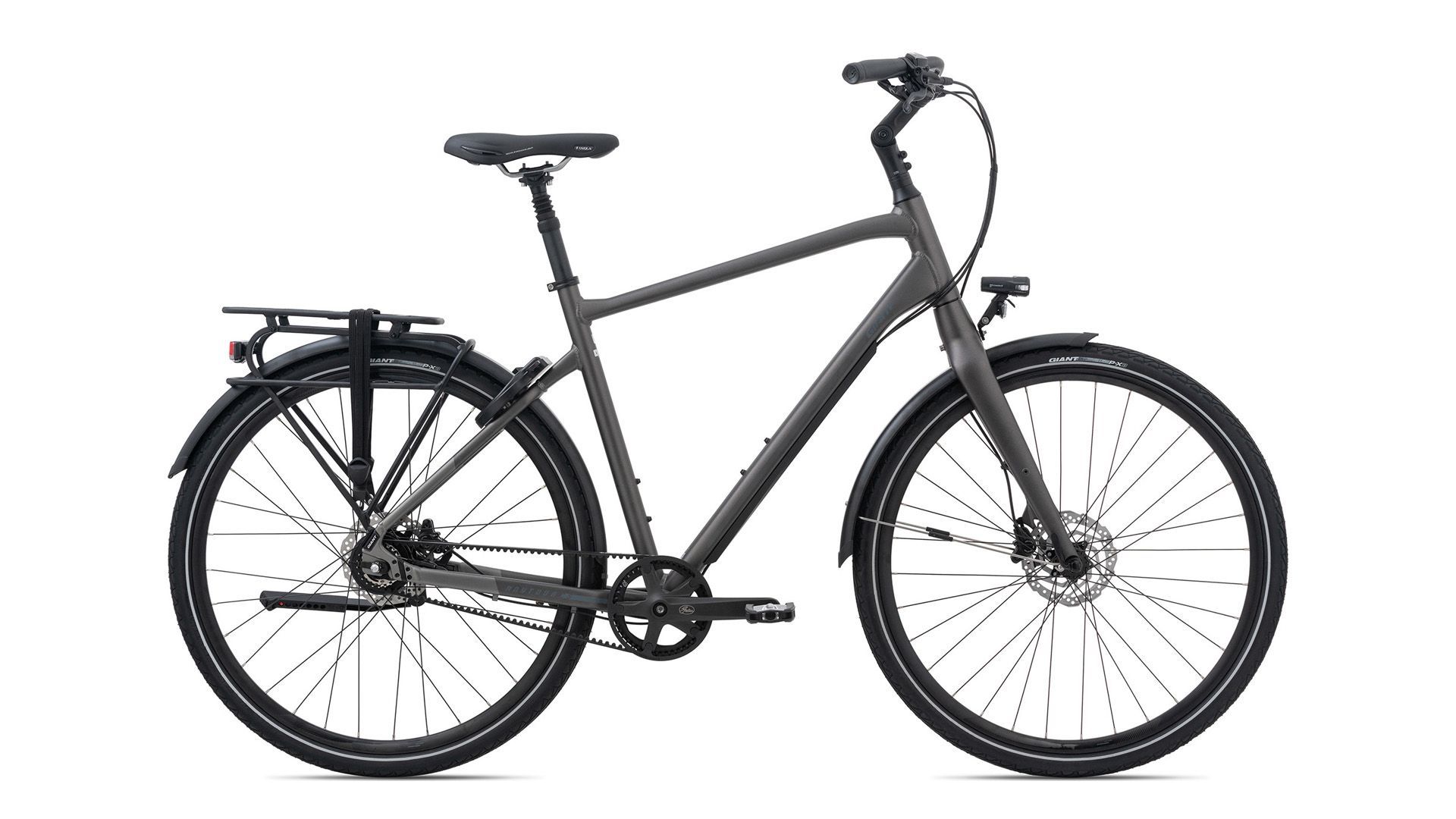 Op een witte achtergrond is een grijze fiets van Giant afgebeeld.