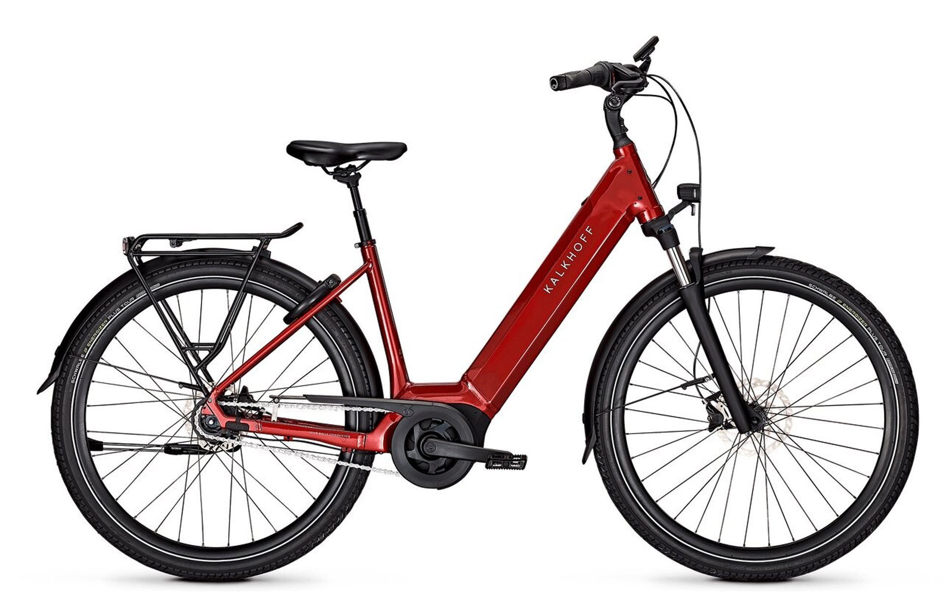 Een groene elektrische fiets van Kalkhoff met een zwarte motor op een witte achtergrond.