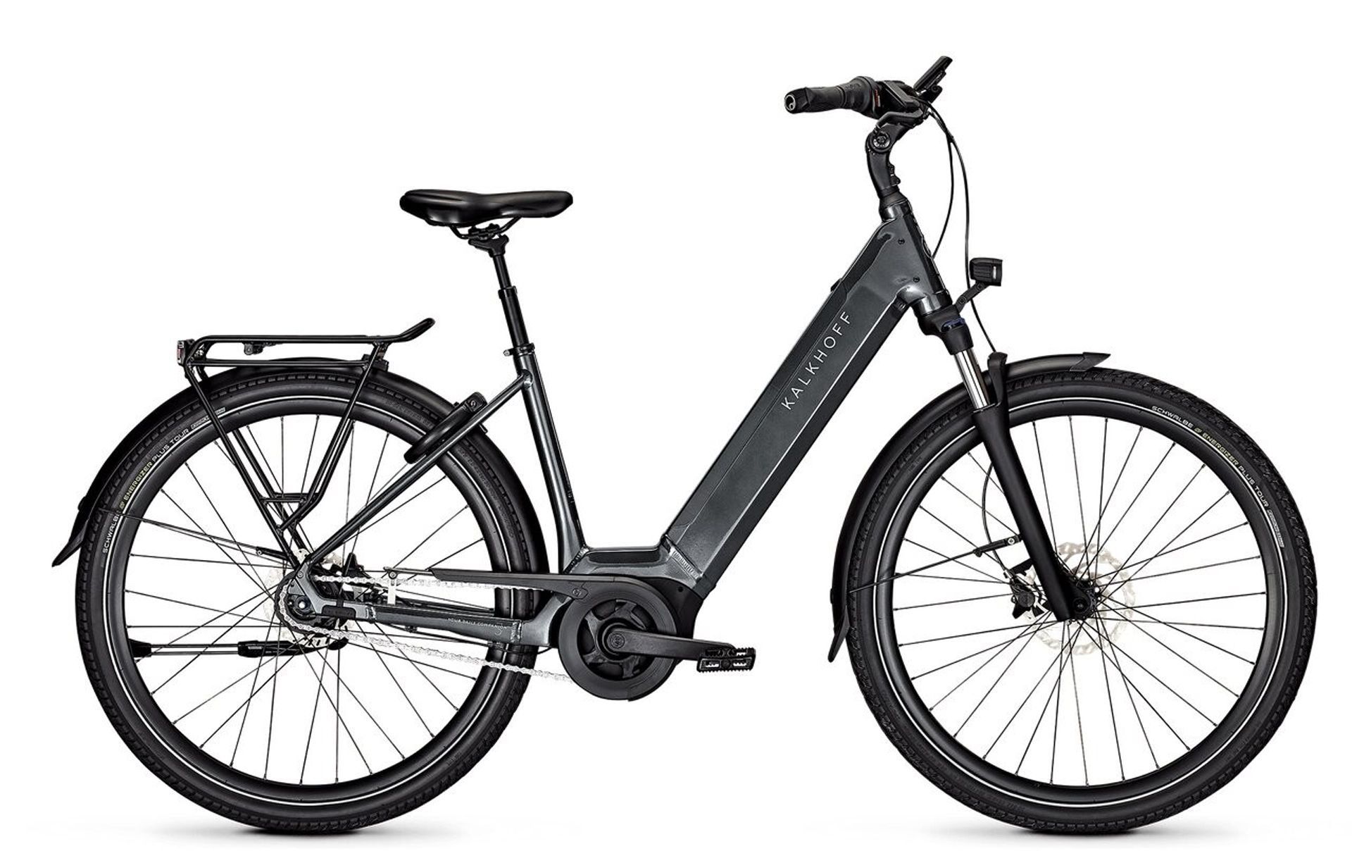 Een zwarte elektrische fiets van Kalkhoff zit op een witte achtergrond.