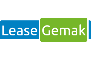 Een blauw en groen logo voor leasegemak op een witte achtergrond.