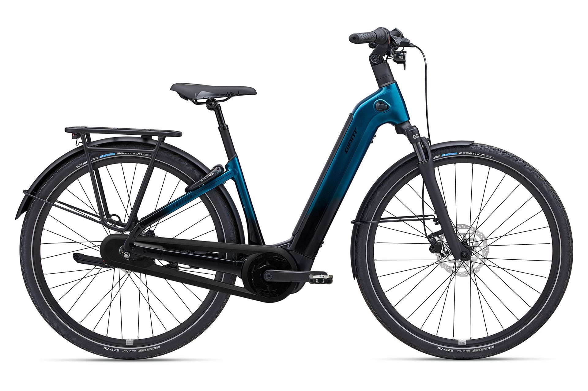 Op een witte achtergrond is een zwarte elektrische fiets van Giant afgebeeld.