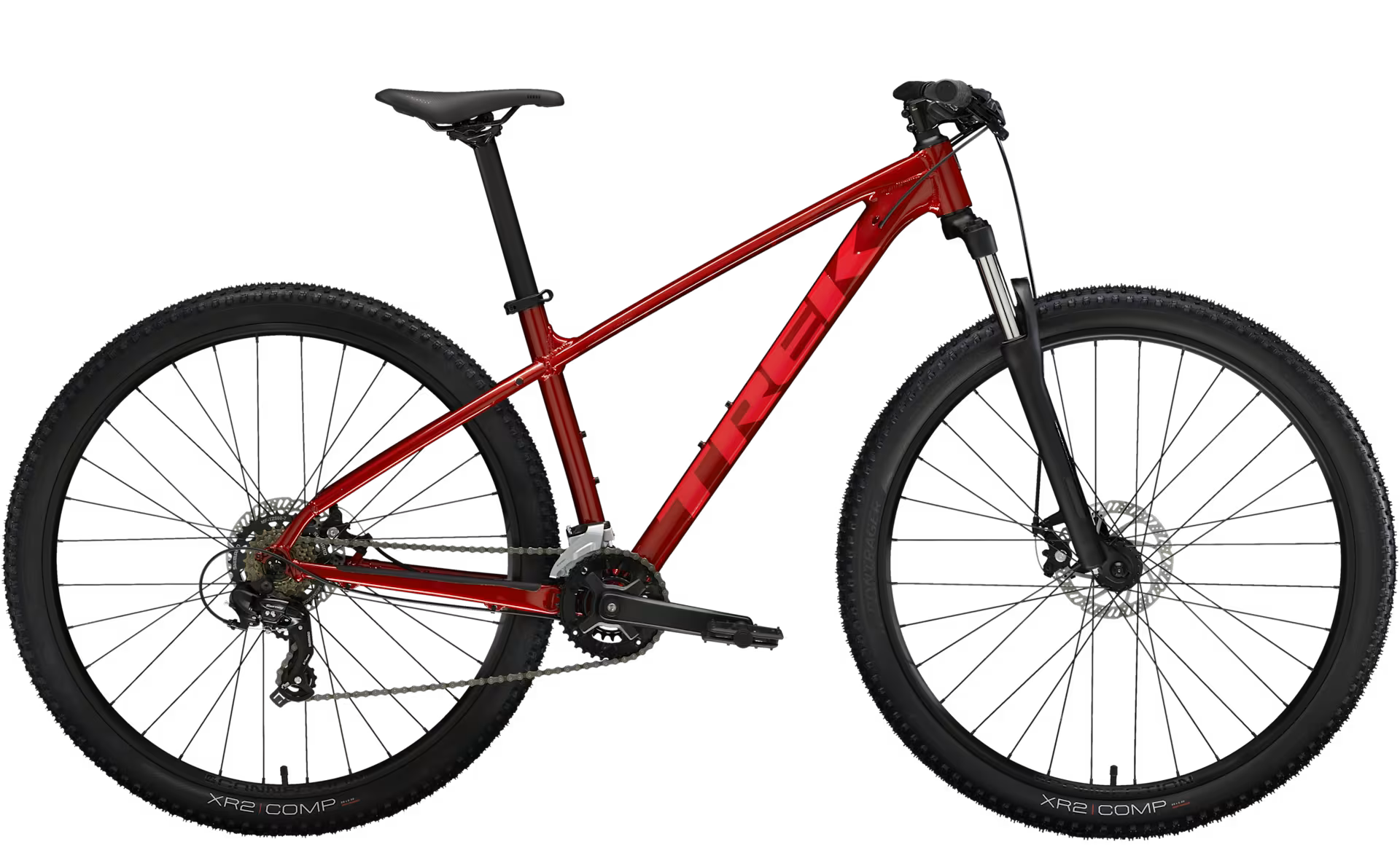 Een zwart-witte mountainbike van Trek op een witte achtergrond.