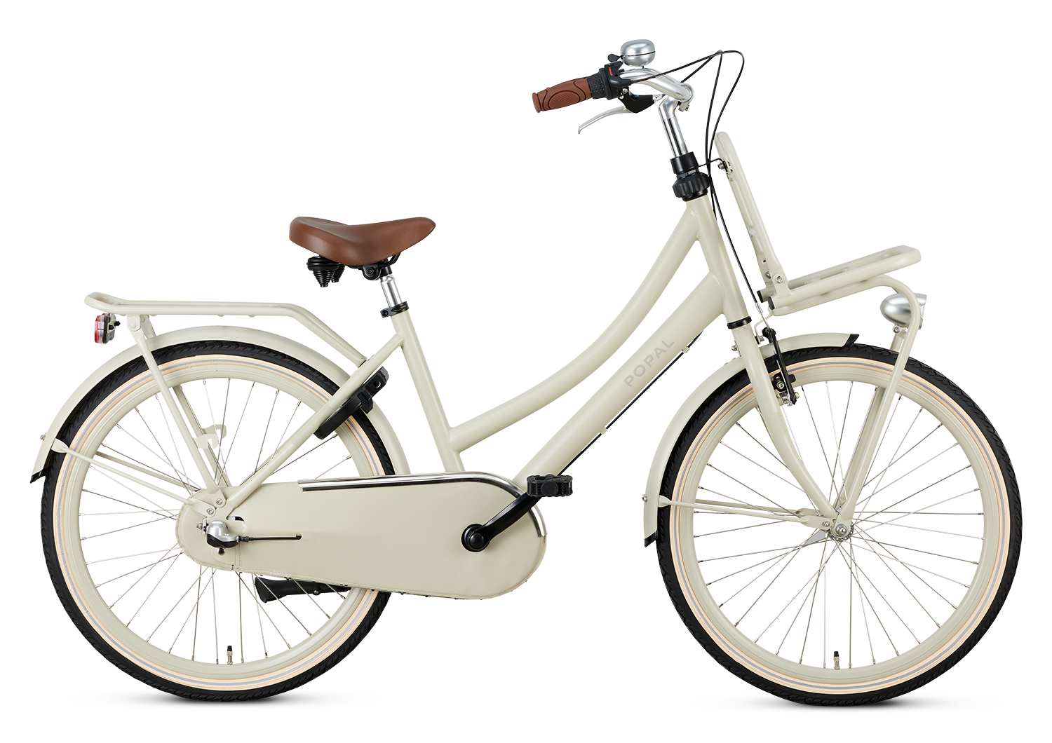 Een witte fiets van Popal met een bruin zadel op een witte achtergrond.