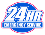24-hour emergency service logo in blue, white, and pink with circular emblem