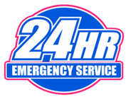 24-hour emergency service logo in blue, white, and pink with circular emblem