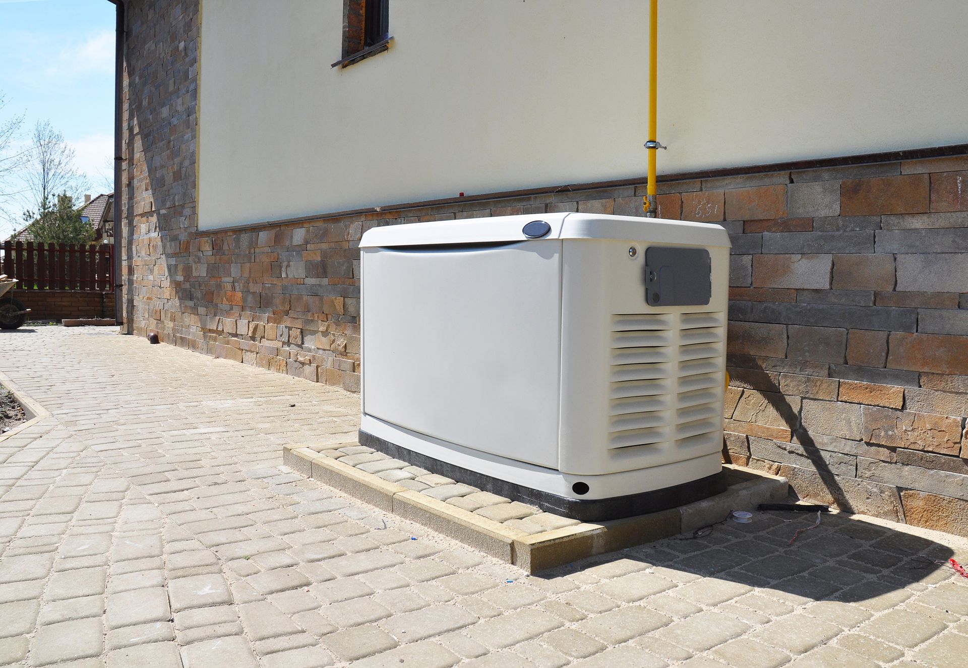 Outdoor generator beside a house wall, with a yellow gas pipe and paved driveway.