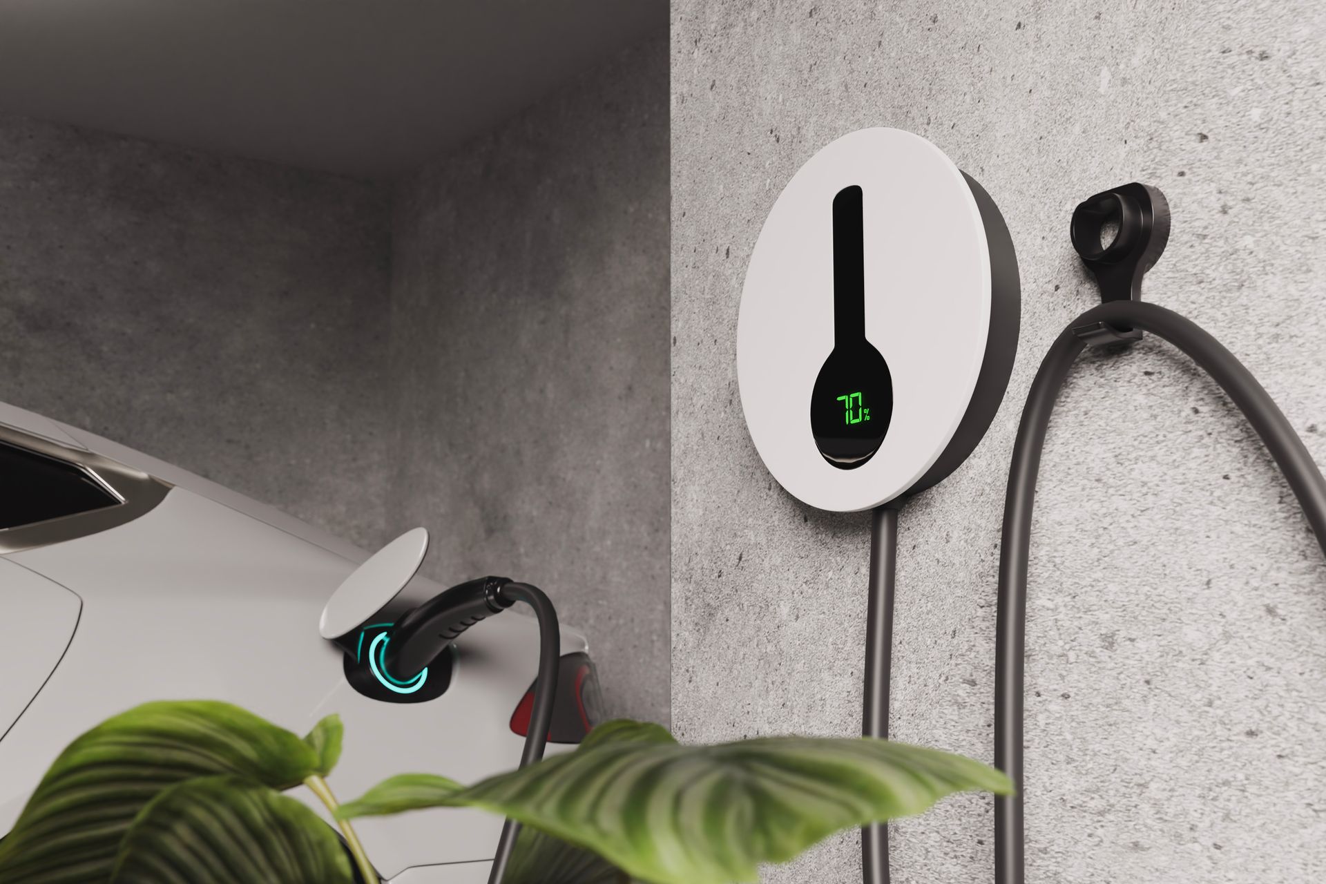 Two wall-mounted robot vacuums charging, one on a shelf and one on a gray wall, with green leaves in foreground