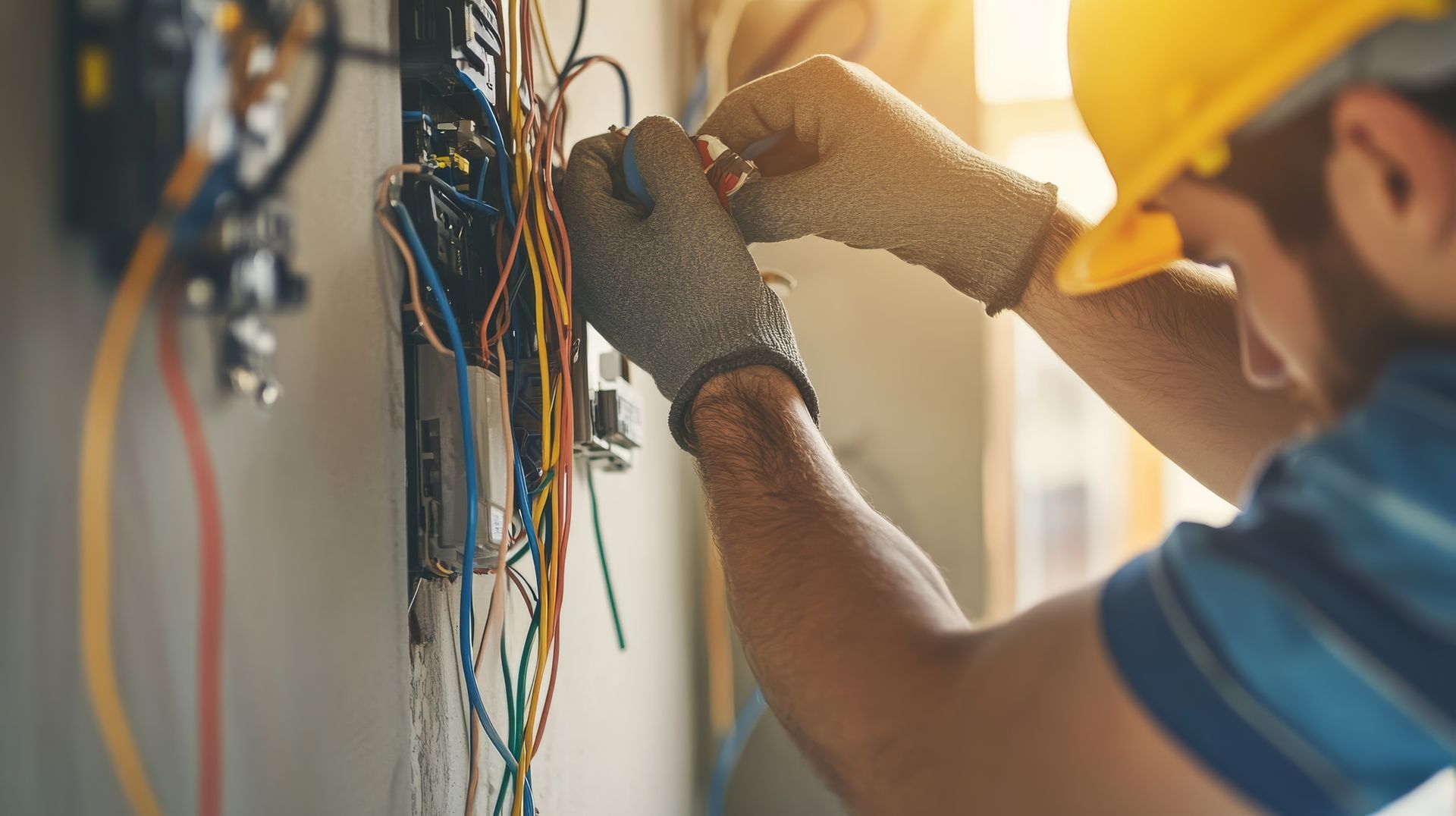 Electrician wearing yellow gloves working inside an open electrical panel with wires and tools.