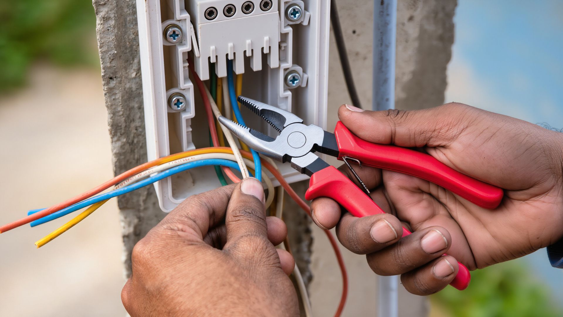 Hands use red pliers to work on exposed electrical wires in a wall-mounted breaker panel.