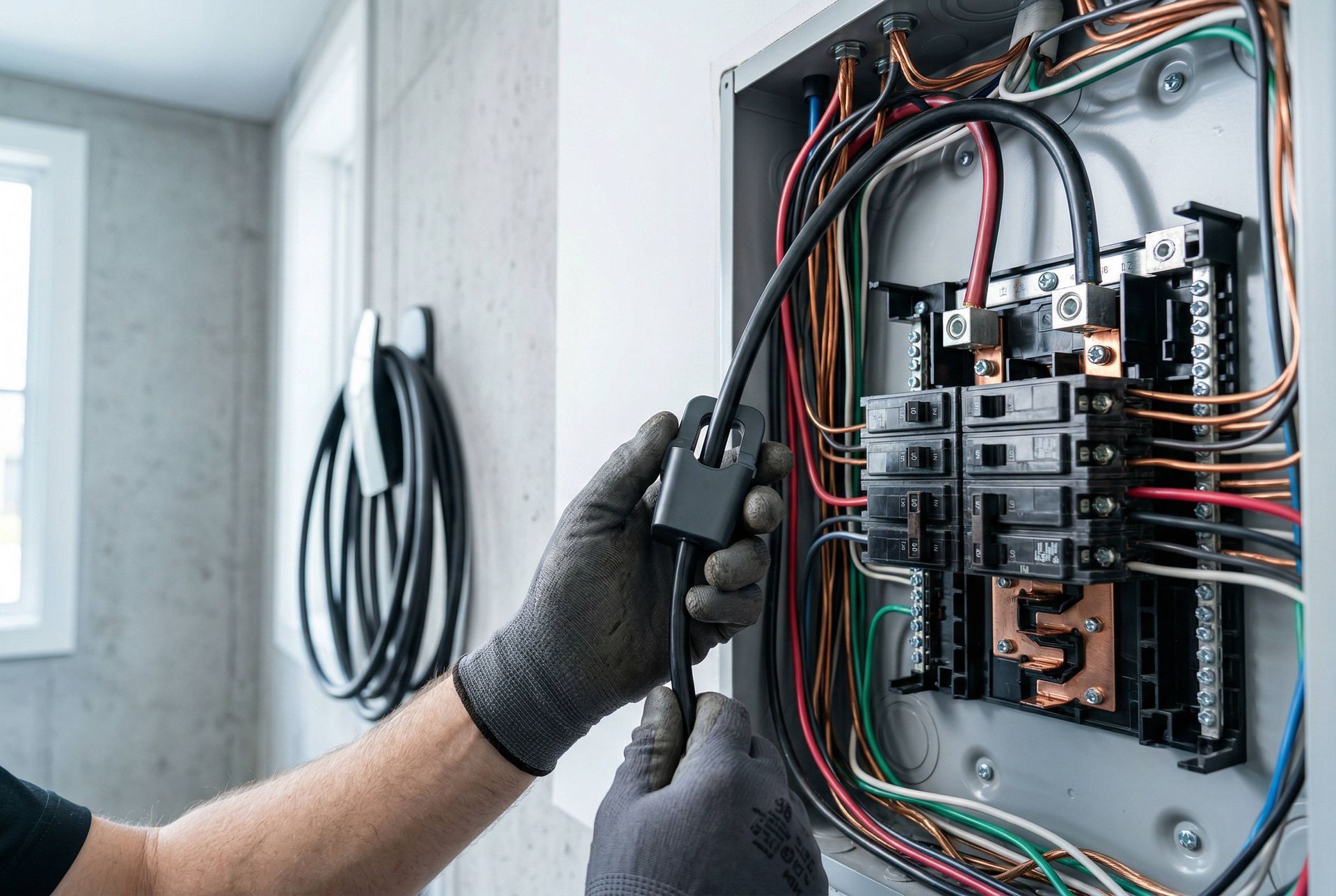 Electrician wiring a circuit breaker panel with tools in an open electrical cabinet
