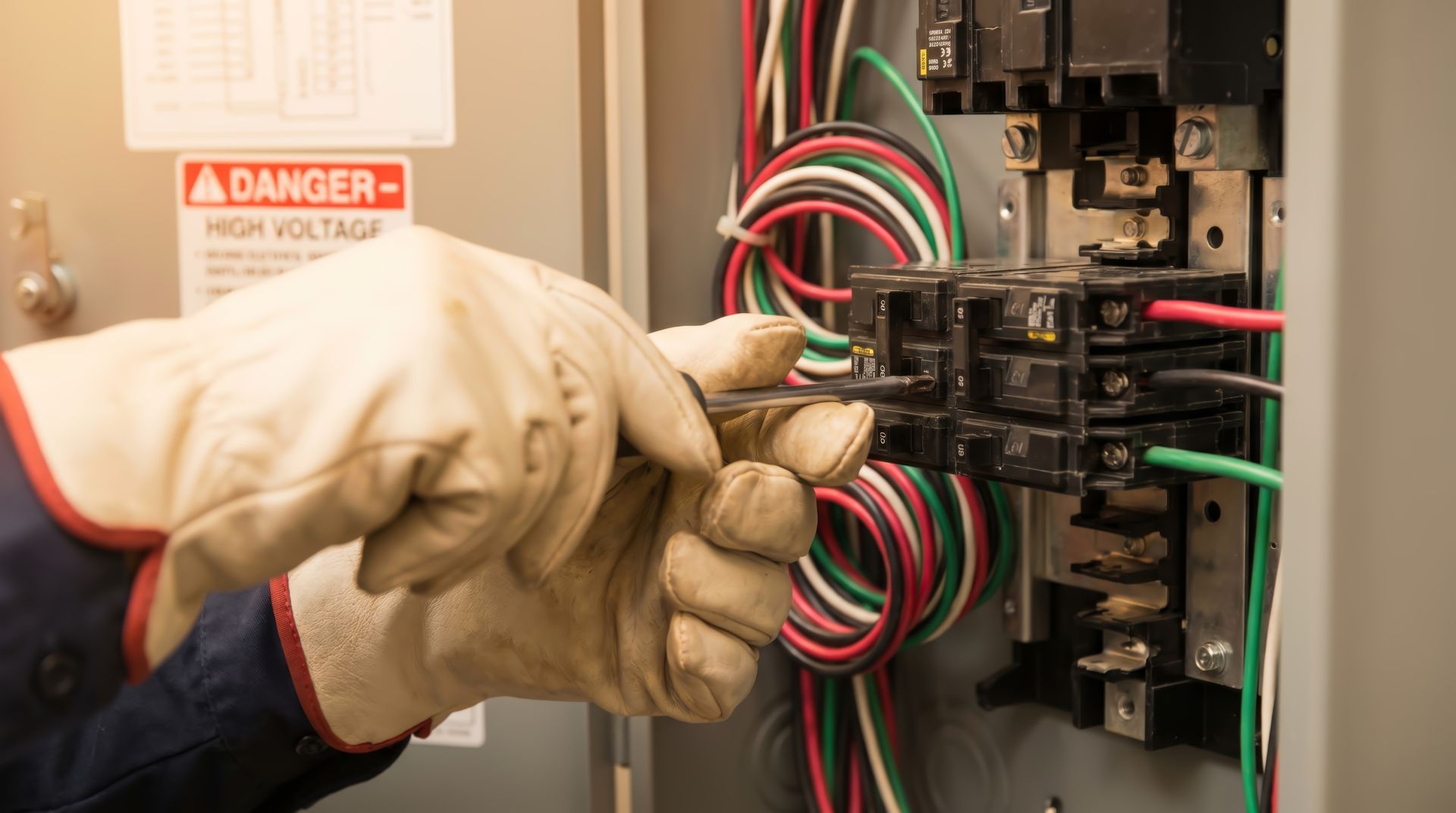Technician wiring an electrical control panel with color-coded cables and test leads