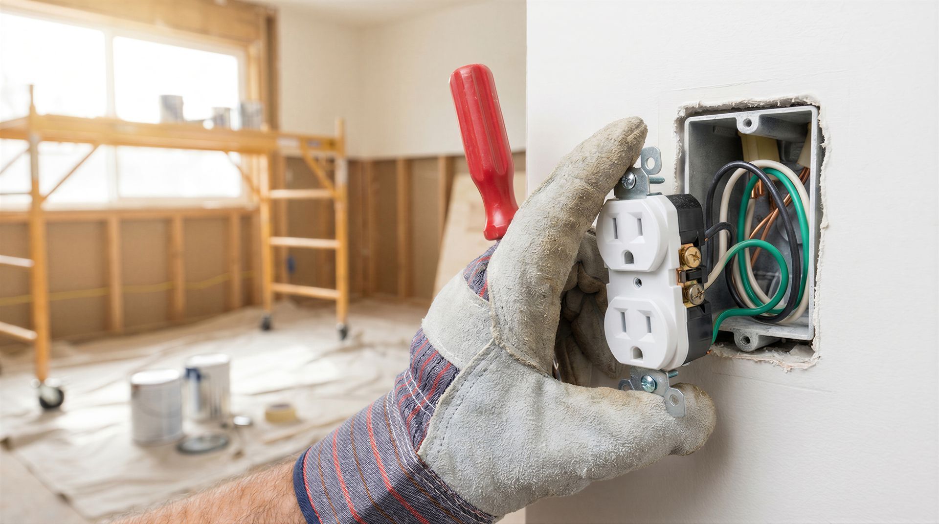 Hands wiring electrical outlets in a wall box with a screwdriver