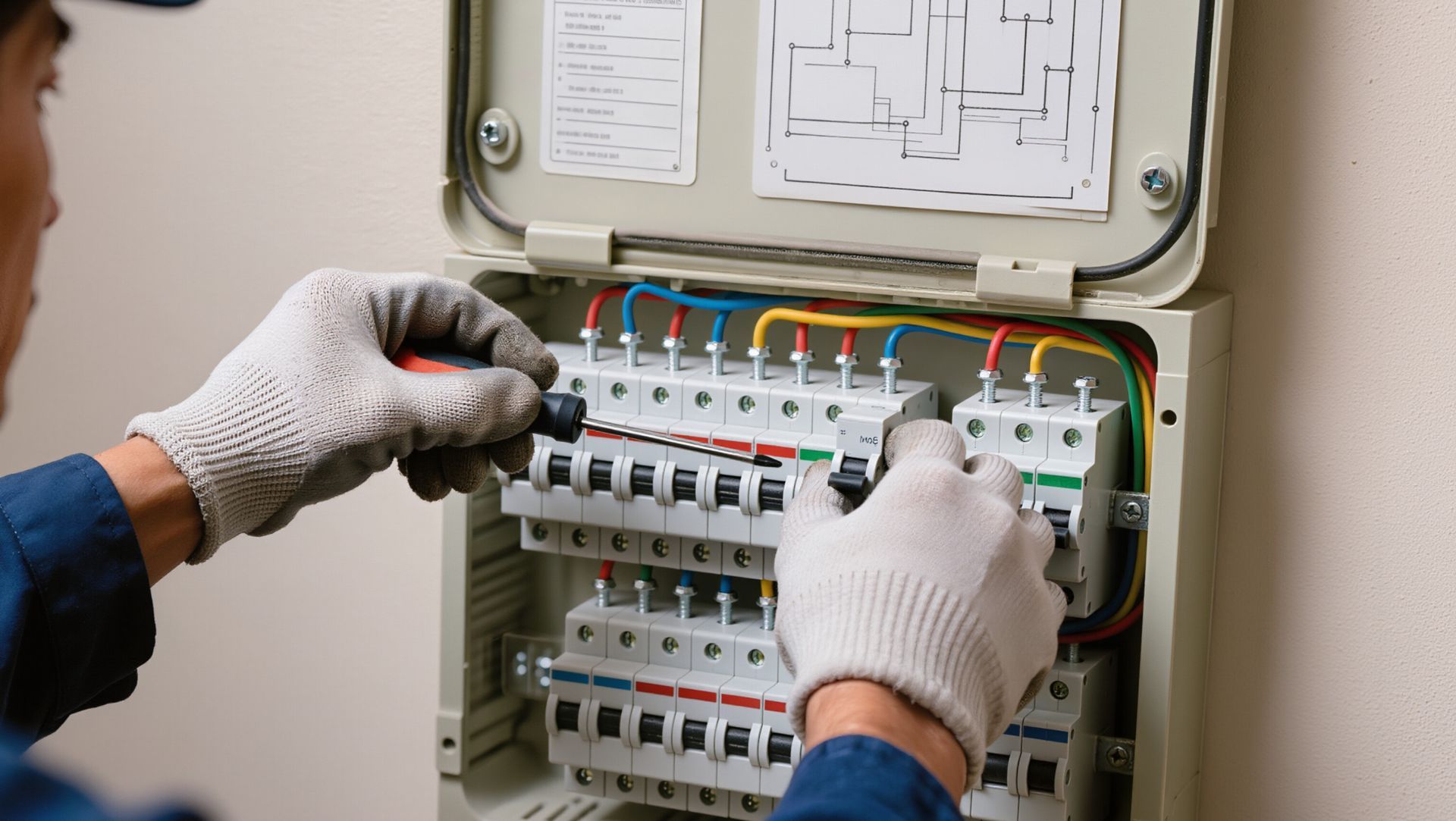 Gloved hands wiring an electrical circuit breaker panel with labels and colored cables