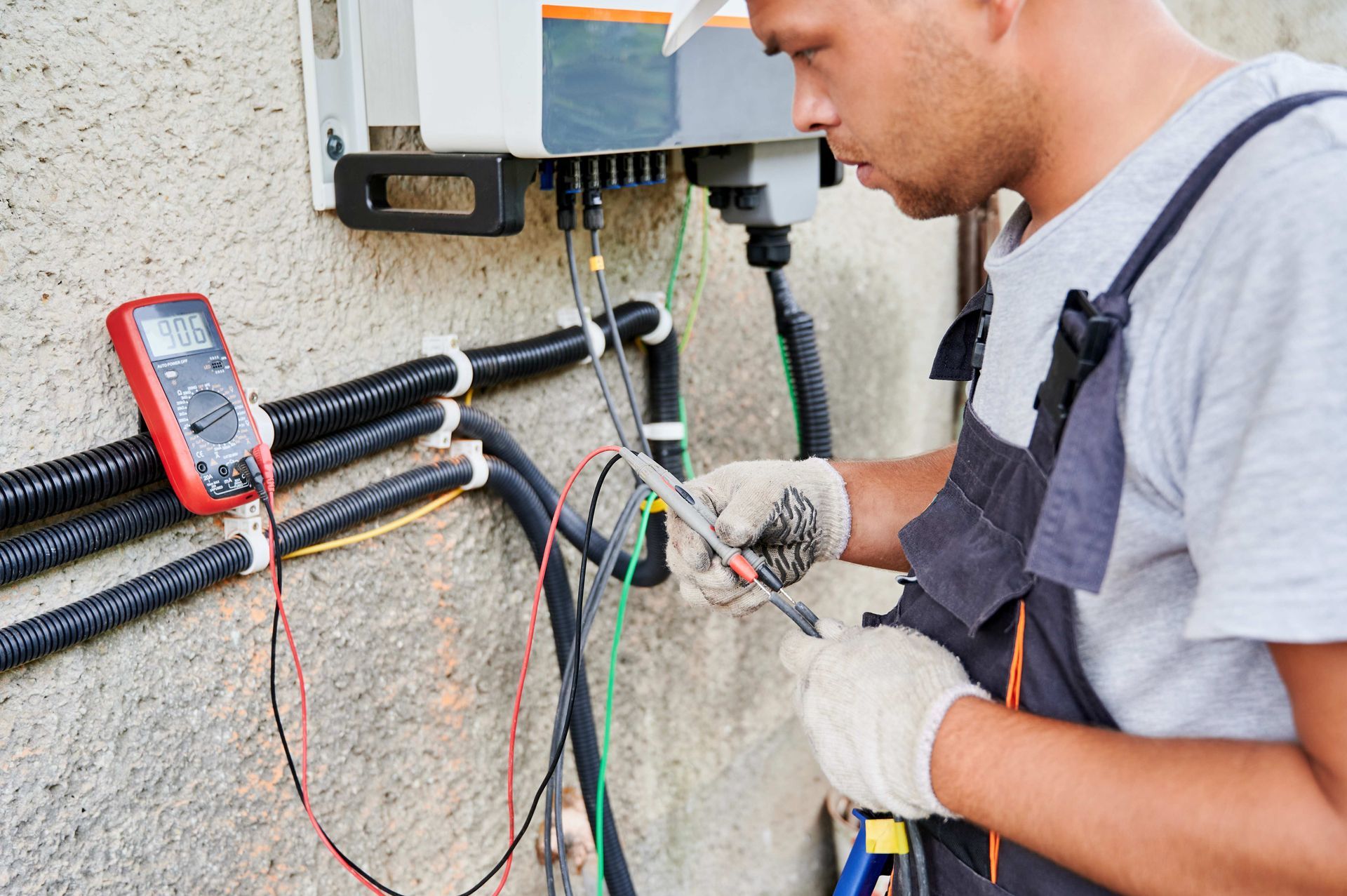 Technician testing electrical wiring with a multimeter beside wall-mounted cables