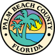 Palm Beach County, Florida seal with palm trees, sun, and water in a circular logo