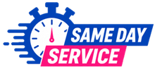 Blue and pink “Same Day Service” logo with a stopwatch icon