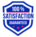 Blue shield badge with “100% Satisfaction Guaranteed” and three red stars