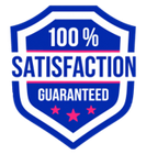 Blue shield badge with “100% Satisfaction Guaranteed” and three red stars